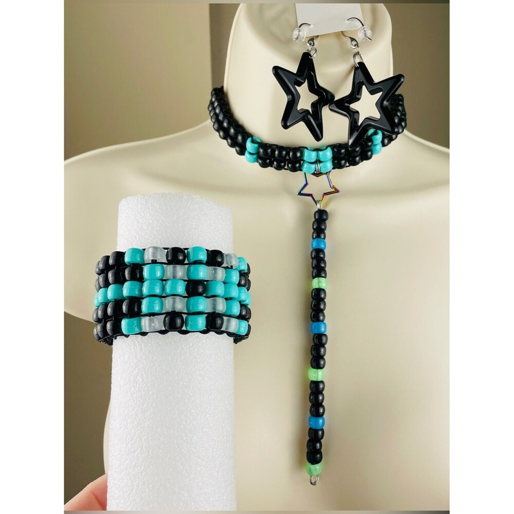 8pc glow choker binky cord cuff wallet bag phone lanyard earrings blk turquoise - Picture 5 of 15